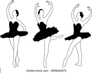 Ballerina in classic poses of Russian ballet. Set of black and white graphic images.