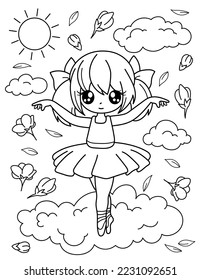 Ballerina en una nube con pétalos de flores. Libro de colores con bailarina. Bailando. Ilustración vectorial en blanco y negro.