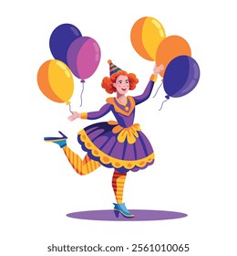 Ballerina clown dancing with balloon illustration in flat style 