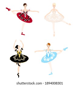 Ballerina in colorful tutu lacedress, pointe shoes, dancing and posing, vector ballet