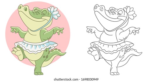 Ballerina. Coloring page with crocodile. Cartoon animal. Clipart set for nursery poster, t shirt print, kids apparel, greeting card, label, patch or sticker. Vector illustration.