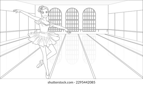 Ballerina Coloring Page with Female Character on a Dancing Studio Background. Vector Illustration