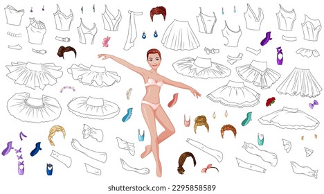 Ballerina Coloring Paper Doll with Tutus, Tops, Hairstyles and Pointes. Vector Illustration