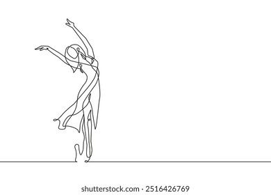 Ballerina Continuous One Line Drawing. Woman Dance Contour Illustration. Ballet Modern Minimalist Drawing. Woman Ballerina One Line Illustration. Vector EPS 10