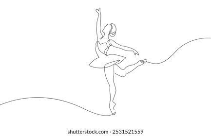 Ballerina Continuous One Line Drawing. Woman Dancer Contour Illustration. Ballet Modern Minimalist Drawing. Woman Ballerina One Line Illustration. Vector EPS 10