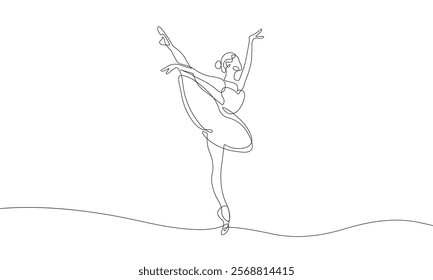 Ballerina Continuous One Line Drawing. Ballet Concept in Minimalist Style. Elegant Female Dancer Linear Drawing. Vector Outline Doodle Hand Drawn Illustration. Not AI