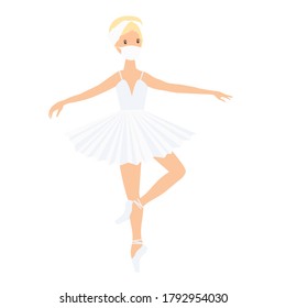 Ballerina and coronavirus, in white medical face mask. Sport exercise, ballet pose. Vector isolated painting art