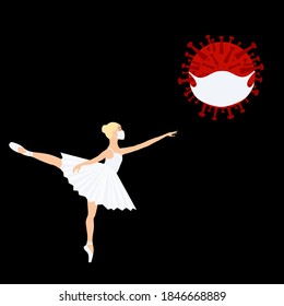 Ballerina and coronavirus, in white medical face mask. Sport exercise, ballet pose. Vector isolated painting art