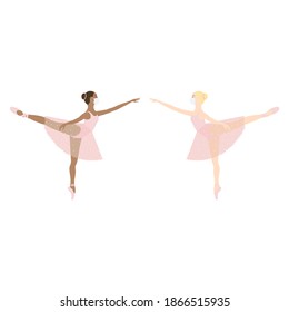 Ballerina and coronavirus, in white medical face mask. Sport exercise, ballet pose. Vector isolated painting art