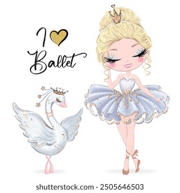 Ballerina and Cute Swan, Hand drawn Illustration, Vector Illustration