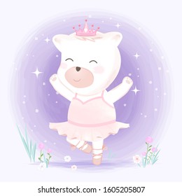 Ballerina Dance bear hand drawn animal illustration watercolor style on purple