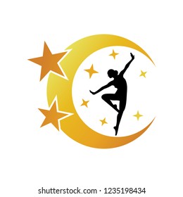 Ballerina dance logo on the crescent moon, Ballet dance vector logo