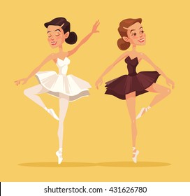 Ballerina in dance. Two black and white ballerina. Vector flat cartoon illustration