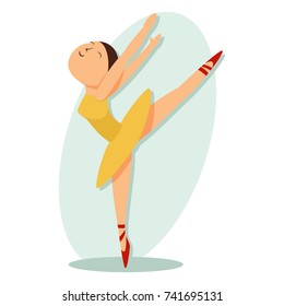 Ballerina in dance vector cartoon illustration of little girl in yellow ballet dress isolated on background.