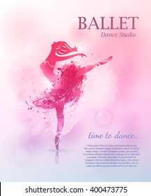 Ballerina in dance. Vector poster perfect for ballet school or studio, dance studio, performance. Flyer, invitation, poster or greeting card design template with ballerina on watercolor background. 