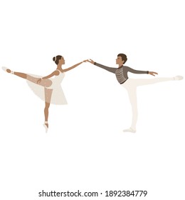 Ballerina and dancer, ballet paar, tutu and pointe shoes, dancing and posing, vector ballet