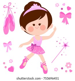 Ballerina dancer girl in a pink ballet outfit, ballet shoes, ribbons and magic wand. Vector illustration set.