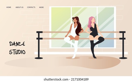 Ballerina, Tänzer im Studio, Tanzlehrer. Landing Page für Tanzstudio, Tanzkurse. Cartoon flache Vektorgrafik. Tanzkonzept.