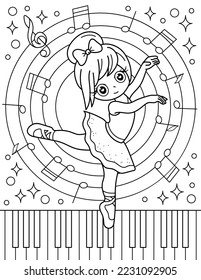 Una bailarina baila en el fondo de un arco iris con la música. Libro de colores con bailarina. Bailando. Ilustración vectorial en blanco y negro.