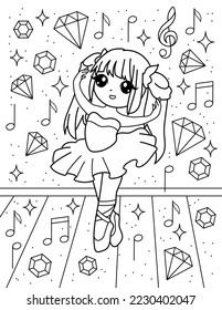 Ballerina dances to the music. Coloring book with ballerina. Dancing. Black and white vector illustration.