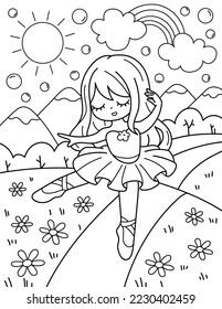 
Ballerina baila en la naturaleza. Libro de colores con bailarina. Bailando. Ilustración vectorial en blanco y negro.