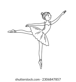 Ballerina dancing ballet doodle. Cute hand drawn cartoon stile girl or young woman sketch in a tutu and pointes. Ballet position with raised arm and leg. Vector illustration.