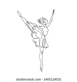 Ballerina dancing in a beautiful pose continuous line drawing, Ballet dancer abstract silhouette single line on a white background, tattoo and logo design, isolated vector illustration.