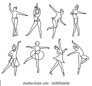 Ballerina dancing continuous line doodle sketch. Ballet dancer performing, body in motion, pirouette move and whirling, classical dance positions. Graphic vector illustration on white background.