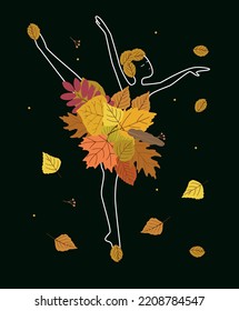 Ballerina bailando con un vestido de otoño deja ilustración vectorial. Para tarjeta de saludo , invitaciones, afiches de banners verticales. 