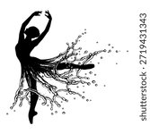 Ballerina dancing with flowing water effect around her skirt, creating a dynamic silhouette.