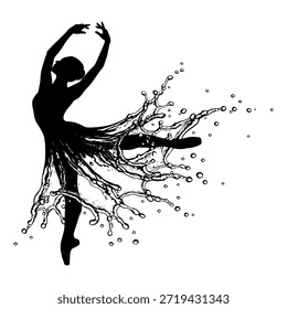 Ballerina tanzt mit fließendem Wassereffekt um ihren Rock und kreiert eine dynamische Silhouette.