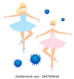 Ballerina, dancing girls in face medical mask. Ballet during the corona pandemic. A set of vector elements. Virus molecule