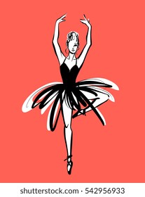 Ballerina dancing hand drawn stylish fashion illustration - perfect for performance invitation, poster, wall decor. Isolated on background. 