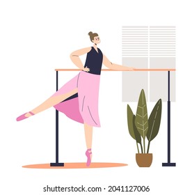 Baile Ballerina en ballet de entrenamiento de barandilla antes de la actuación. Las mujeres hacen ballet clásico por hobby. La actividad creativa y el concepto de ocio. Dibujo vectorial plano de dibujos animados