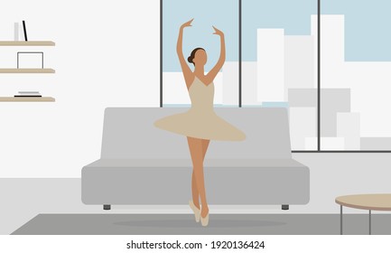 Ballerina dancing in the living room with furniture and a panoramic window