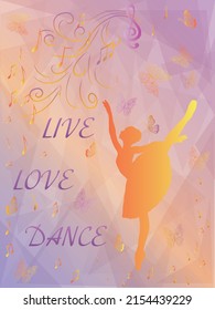 Ballerina dancing on a beautiful gradient background with triangles. Musical notes and butterflies, vector illustration.
