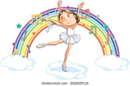 Ballerina dancing on the cloud with melody symbols on rainbow illustration