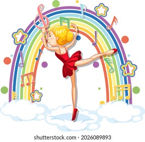 Ballerina dancing on the cloud with melody symbols on rainbow illustration