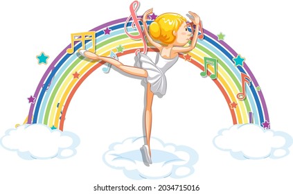 Ballerina dancing on the cloud with melody symbols on rainbow illustration