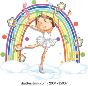 Ballerina tanzt auf der Wolke mit melodischen Symbolen auf Regenbogengrafik