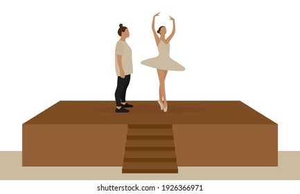 
A ballerina is dancing on stage and another female character in sportswear is standing nearby and looking at her