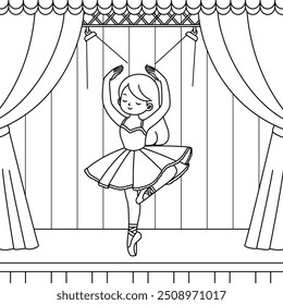 Ballerina dancing on a stage coloring page. Labor Day Hand Drawn Clip Art