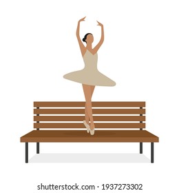 Ballerina dancing on a wooden bench on a white background