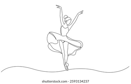 Ballerina Dancing One Line Drawing. Female Dancer Continuous Contour Line Art. Ballet Dance Concept Outline Illustration Black Sketch Isolated on White Background for Minimalist Design. Vector. Not AI