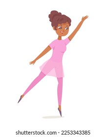 Ballerina dancing vector illustration. Cartoon young woman in costume of princess performing classic ballet dance to music, female dancer in pink dress and shoes showing figure of performance