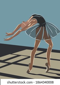 Ballerina in dark blue leotard, tutu and beige ballet slippers posing. Vector
