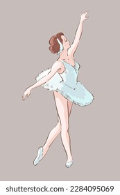 Ballerina, drawing in vector. Classical dance, the art of ballet, the girl stands with her hands up in the dance. 