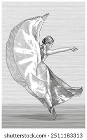 A ballerina in a dress and pointe shoes stands on her toes and dances. Stylized as an engraving