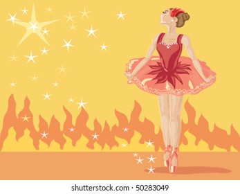 a ballerina dressed in pink and red dancing on an orange stage with a background of yellow and orange flames and white stars