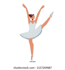 Ballerina Dressed in Professional Outfit, Shoes or White Weightless Skirt Demonstrate Dancing Skill. Young Graceful Woman Ballet Dancer Isolated on White Background. Cartoon People Vector Illustration